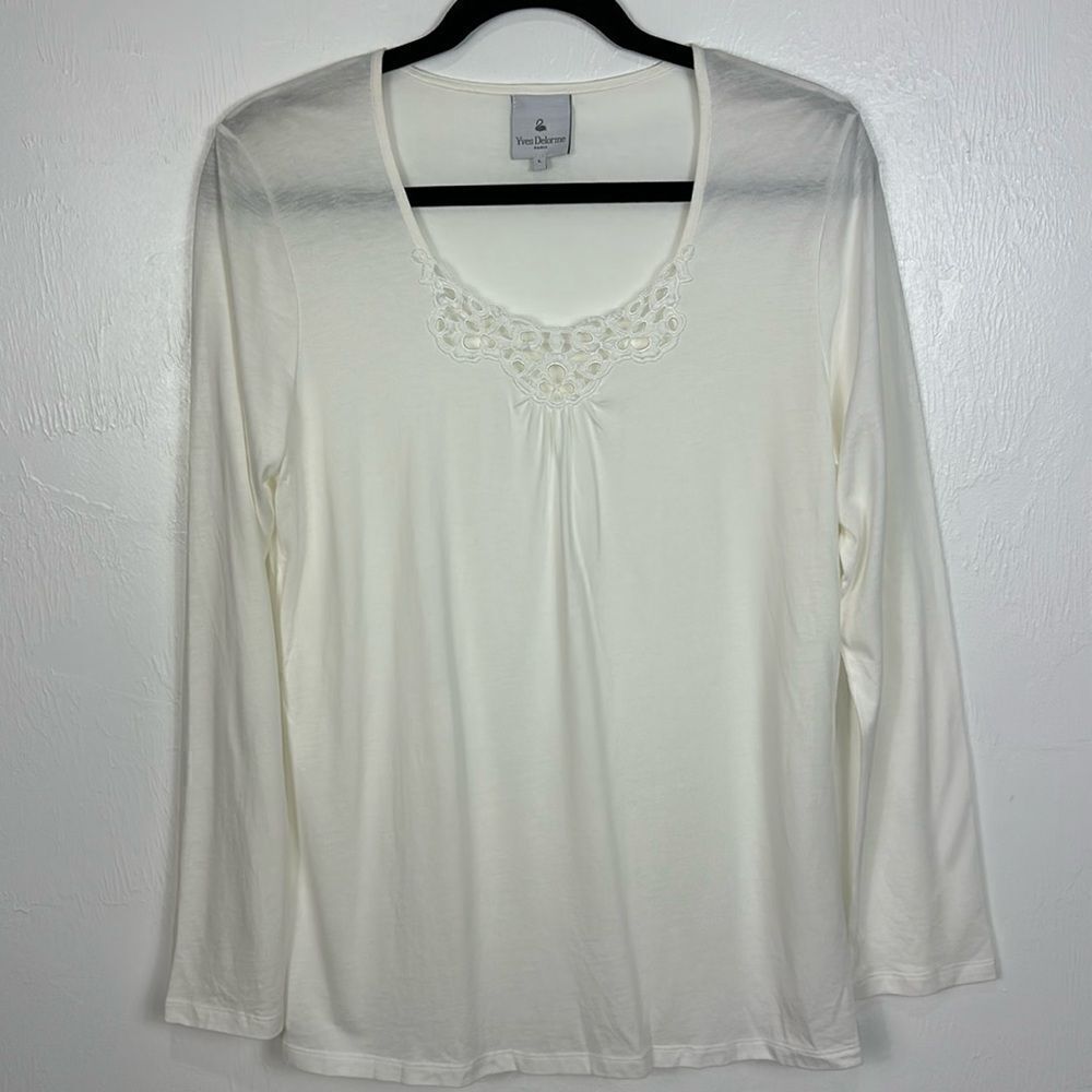 Yves Delorme Paris Cotton Blend Crochet Round Neck Loungewear Top Size L